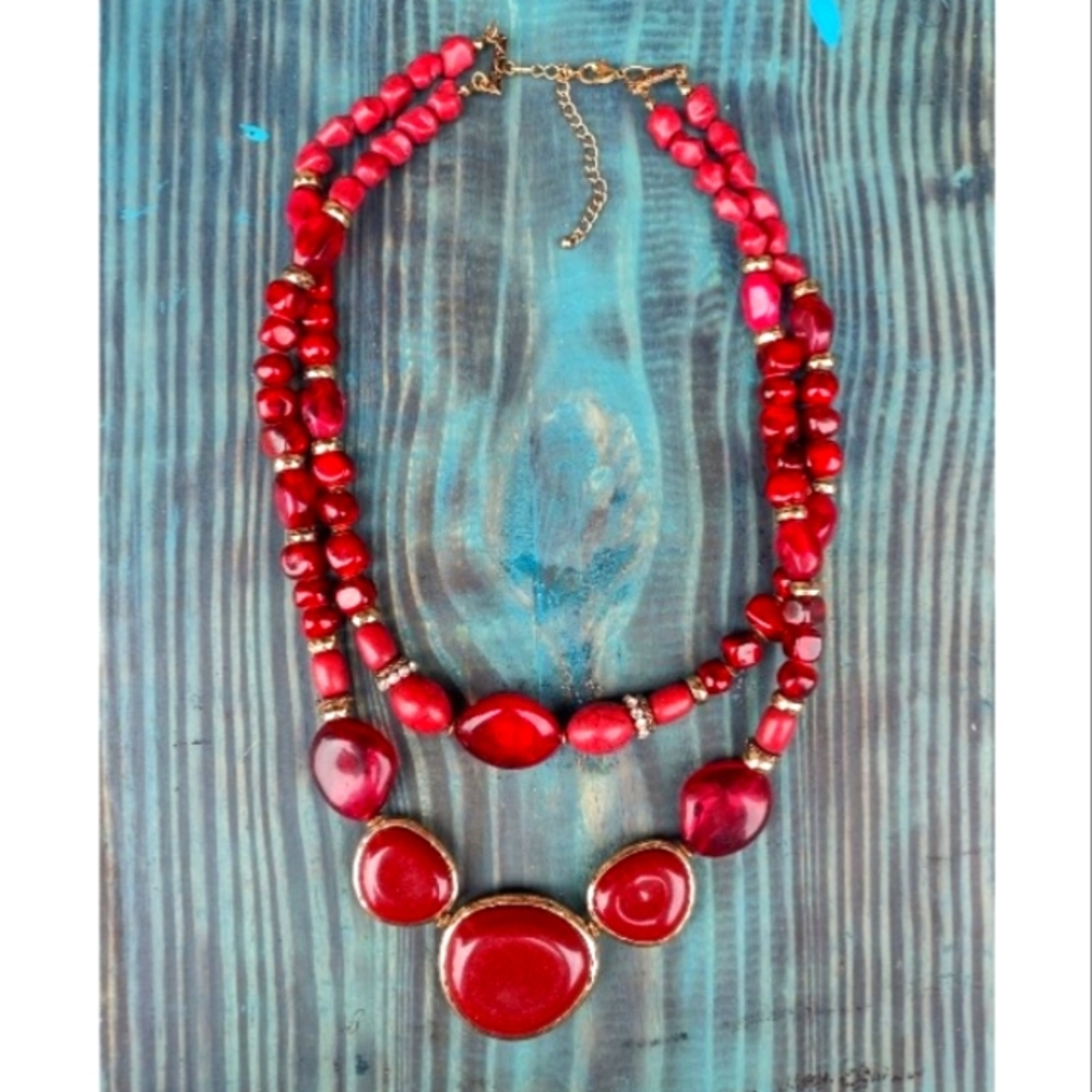 Double Strand Crimson Beaded Necklace Set in Gold Toned Metal & Spacer Beads